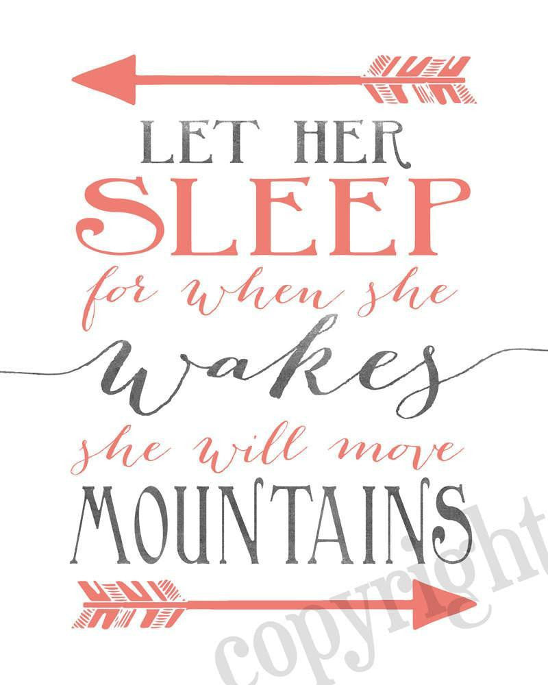 Wall and Wonder Wall Prints And though she be but little - Let her sleep - Coral and Gray Nursery Print  - Set of 2