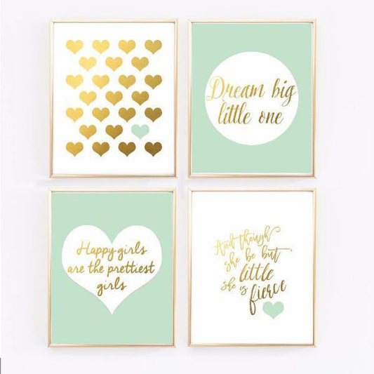 Wall and Wonder Wall Prints Mint and Gold Nursery Prints - Set of 4