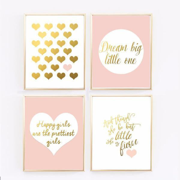 Wall and Wonder Wall Prints Pink Nursery Art - Blush and Gold Prints - Set of 4