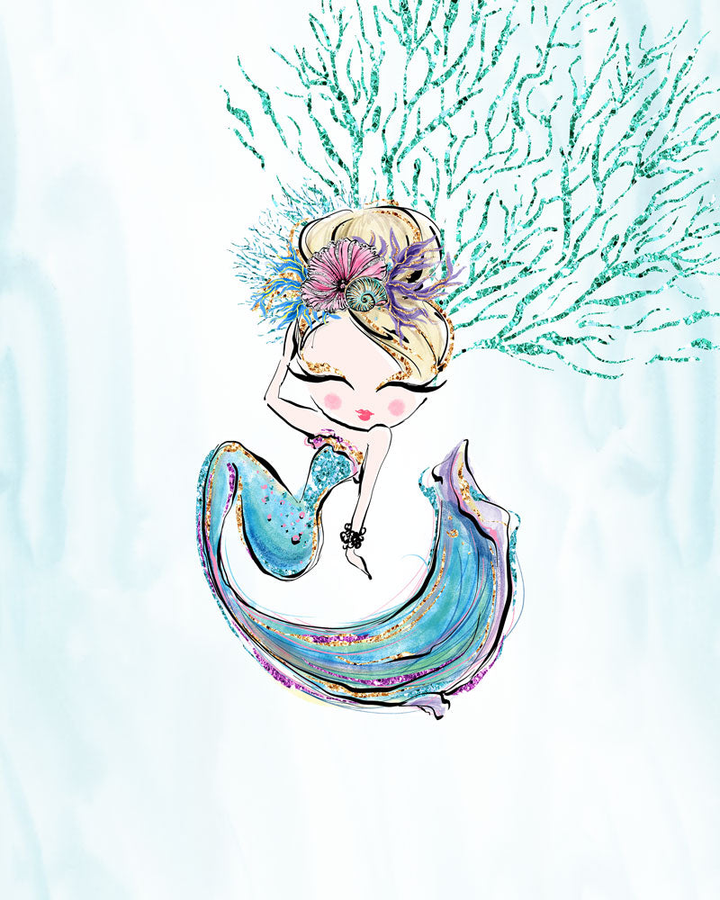 Mermaid Wall Art - Mermaid and Seahorse - Set of Three Prints - Wall Prints