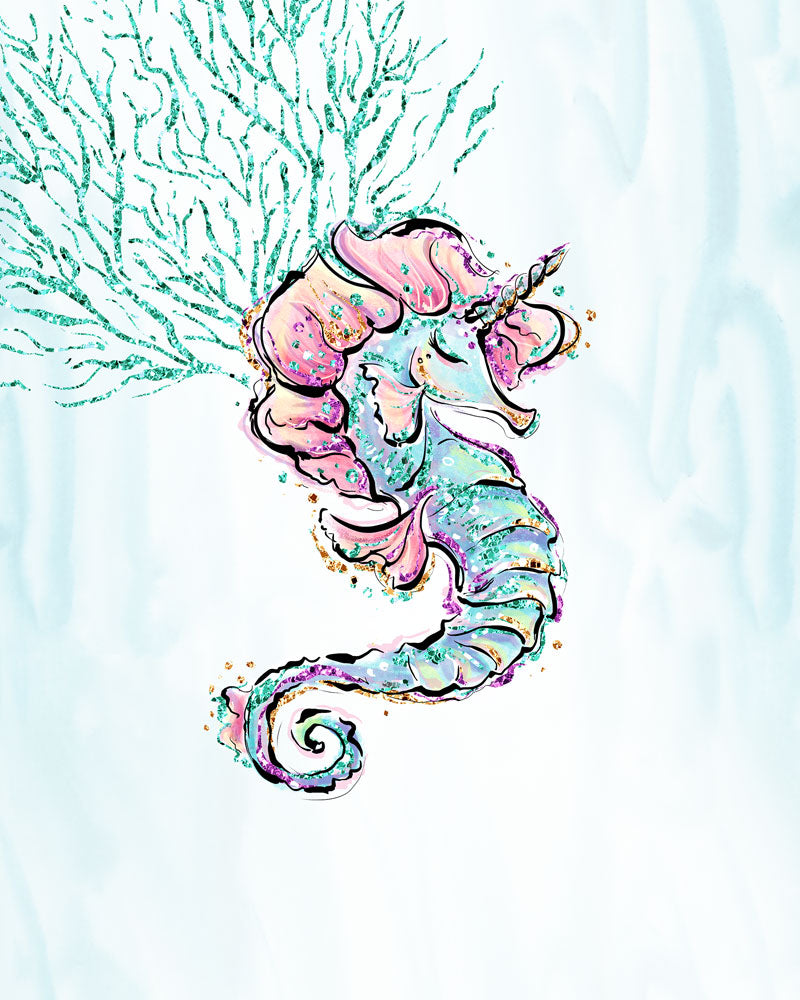 Mermaid Wall Art - Mermaid and Seahorse - Set of Three Prints - Wall Prints