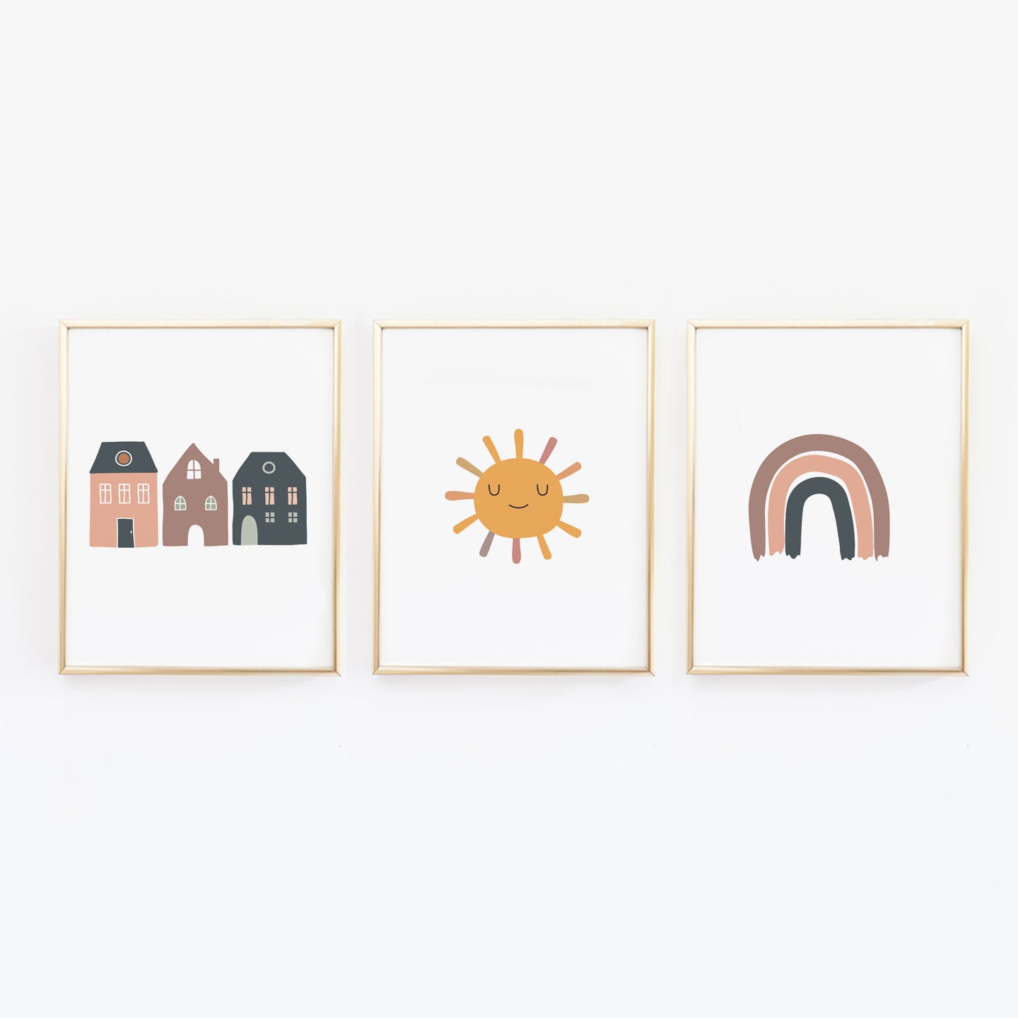 Rainbow Houses and Sun Boho Nursery Baby Girl Art