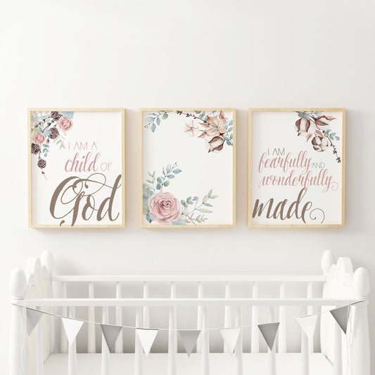 Fearfully and Wonderfully Made - I am a child of God - Set of three Floral Wall Art