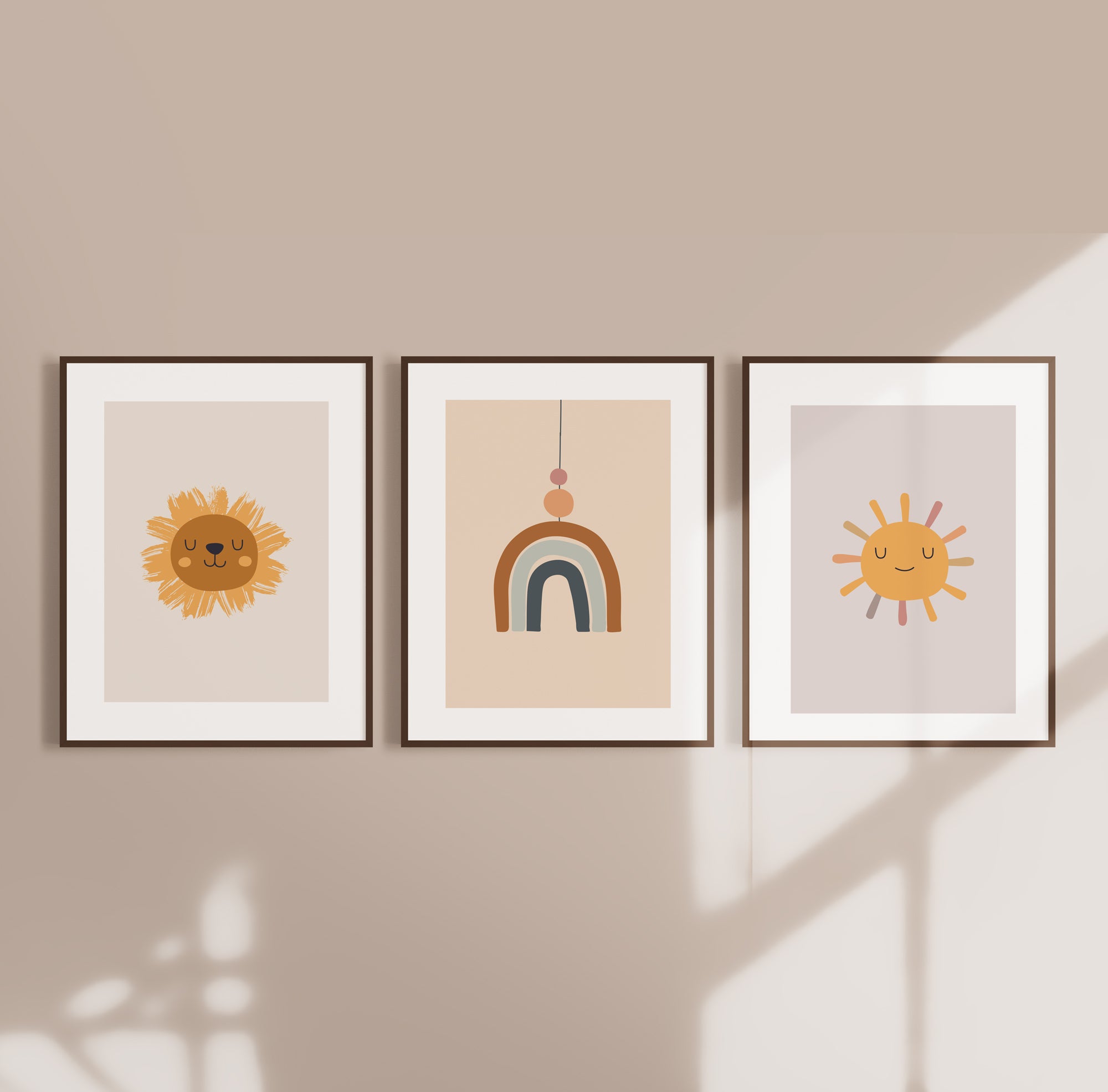 Boho rainbow lion and sun nursery wall art in neutral earthy colors ...