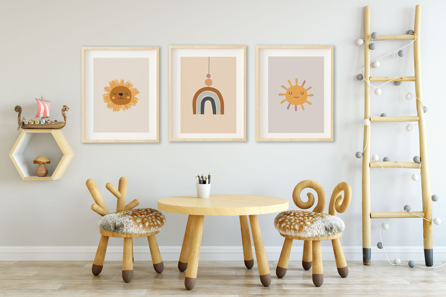 Boho rainbow lion and sun nursery wall art in neutral earthy colors