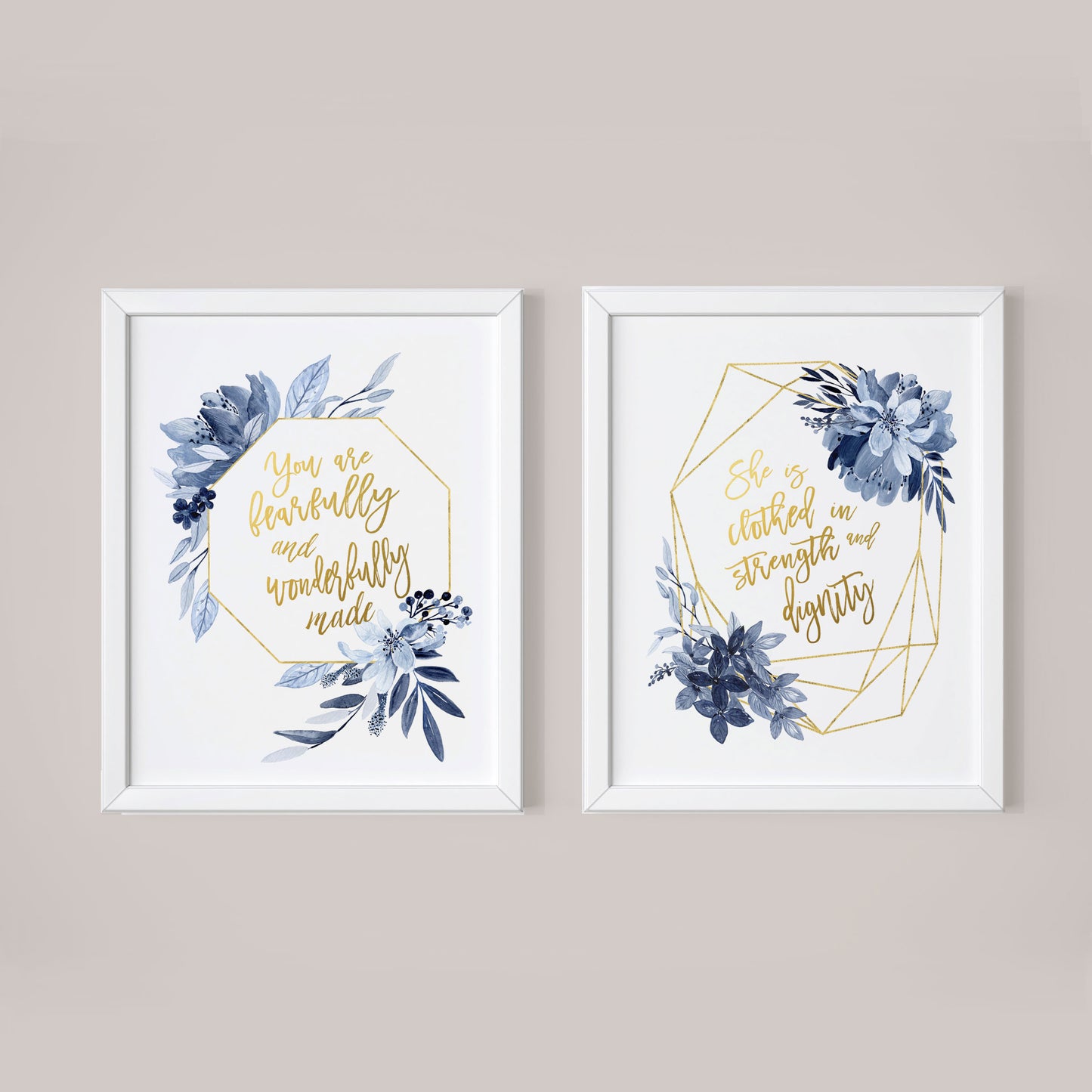 She is Clothed in Dignity - You are fearfully Baby girl Nursery wall prints Navy and Gold