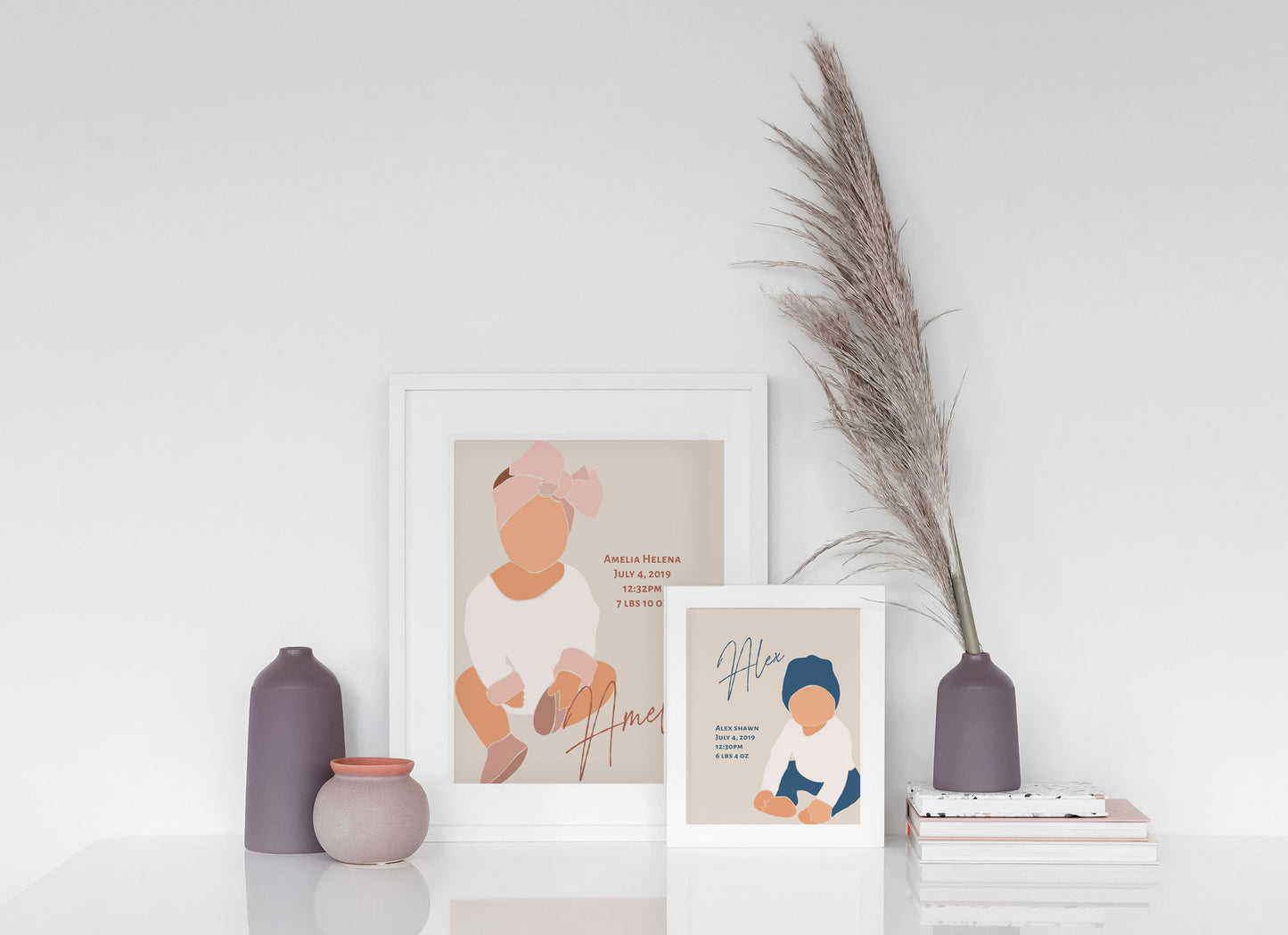 Boho Baby Twins Wall Print with Name and Birth Stats