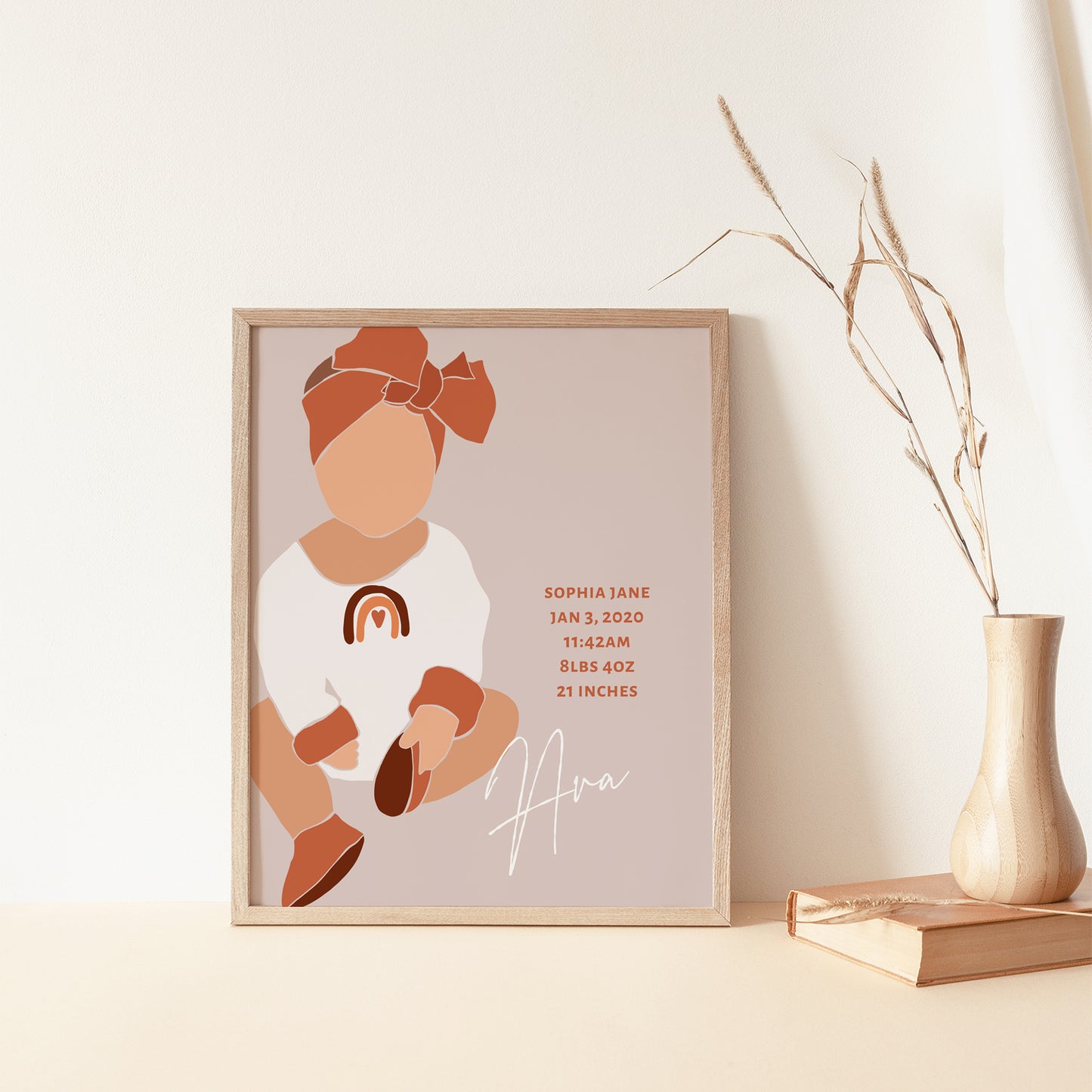 Boho Baby Girl Birth Stats Print -  Earthy Pink with Rainbow