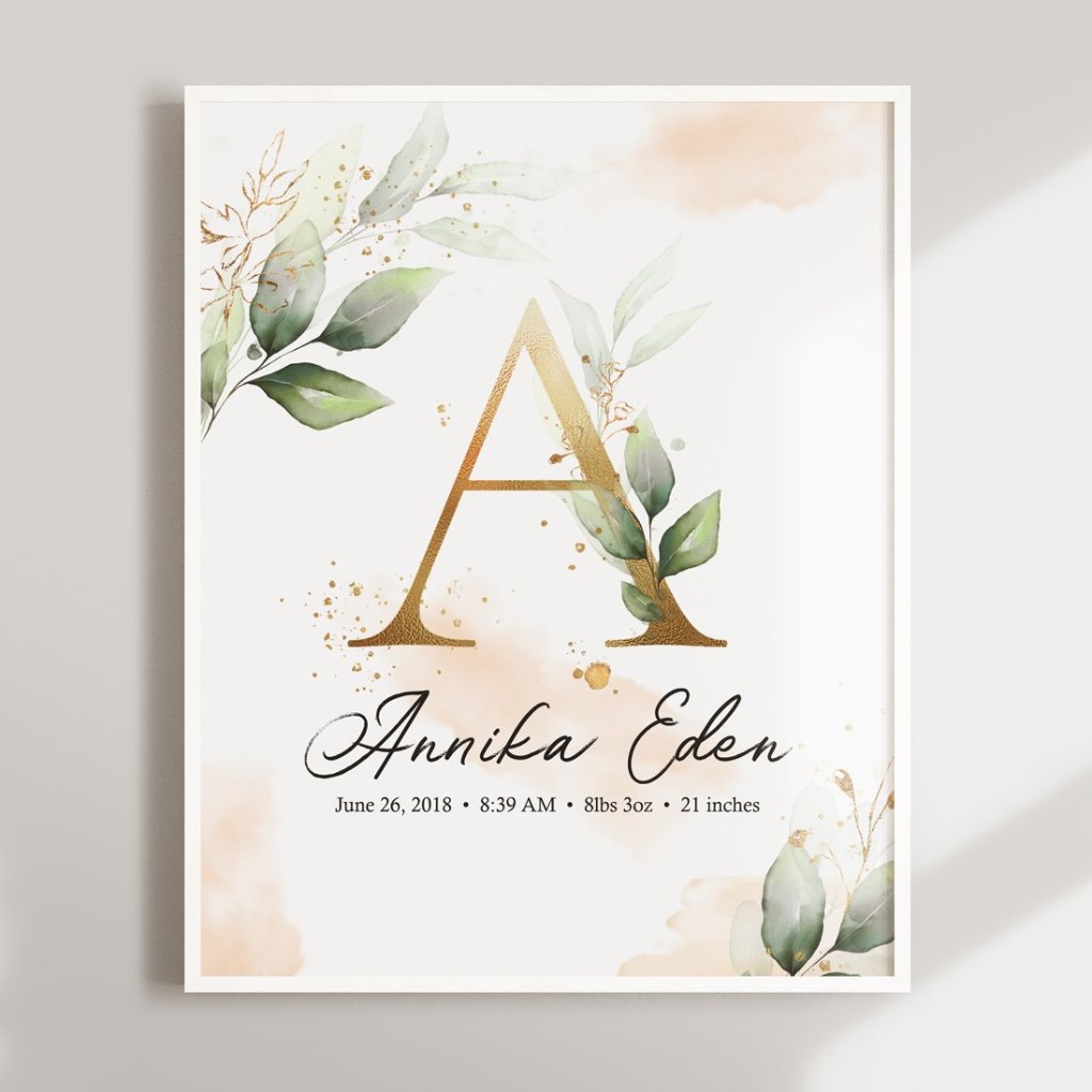 Floral Customized Nursery Wall Art with Baby Stats and Name - Set of three