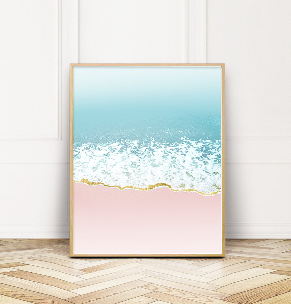 Pink and Blue Coastal Beach Wave Art