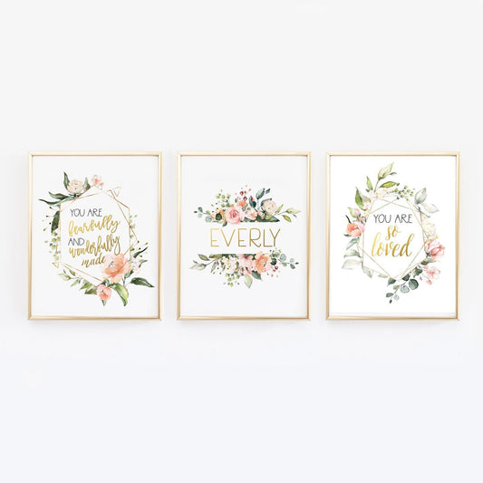 Custom Name Floral Nursery Wall Prints - I am so loved, Fearfully and Wonderfully Made