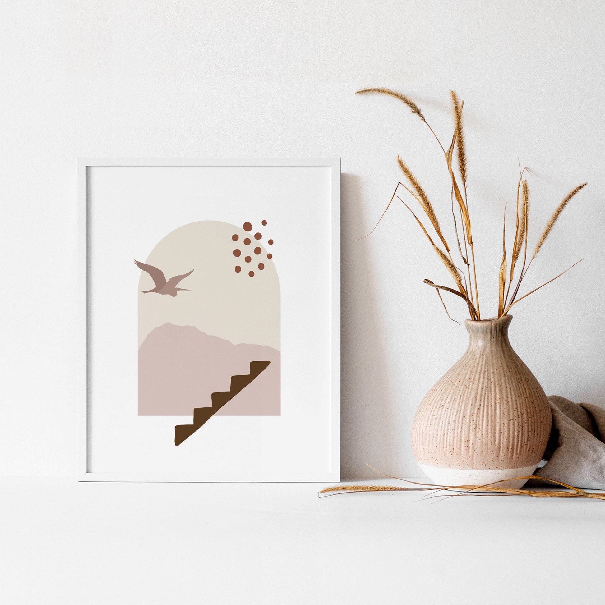Beige and Pink Modern Landscape Wall Print - Mountains Bird Abstract Art - Large Printable Living Room Artwork