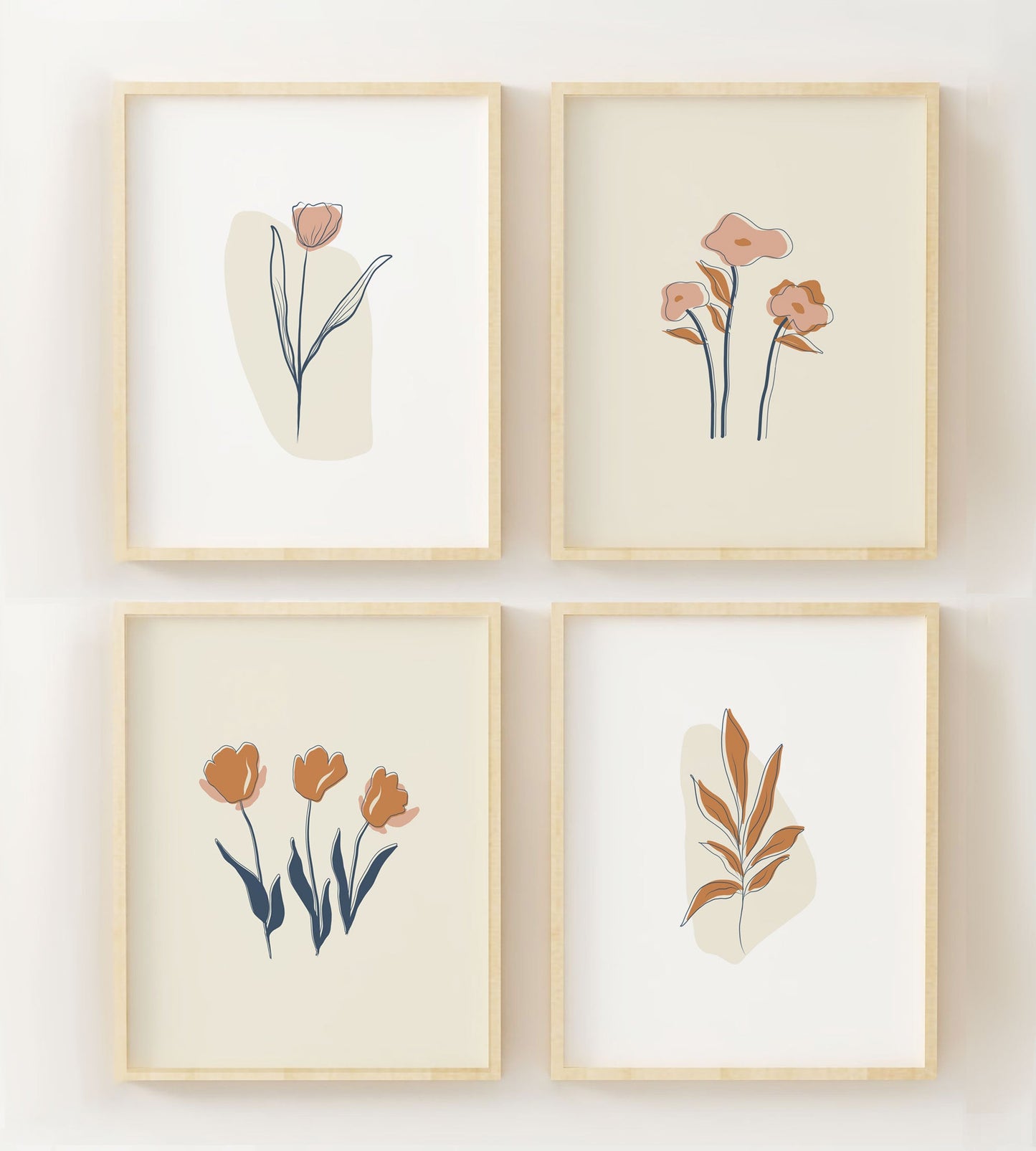 Set of Four Floral Wall Prints - Minimalist Artistic Posters - Boho Neutral Art - Beige and Terracotta - Boho Home Decor - Floral Line Art