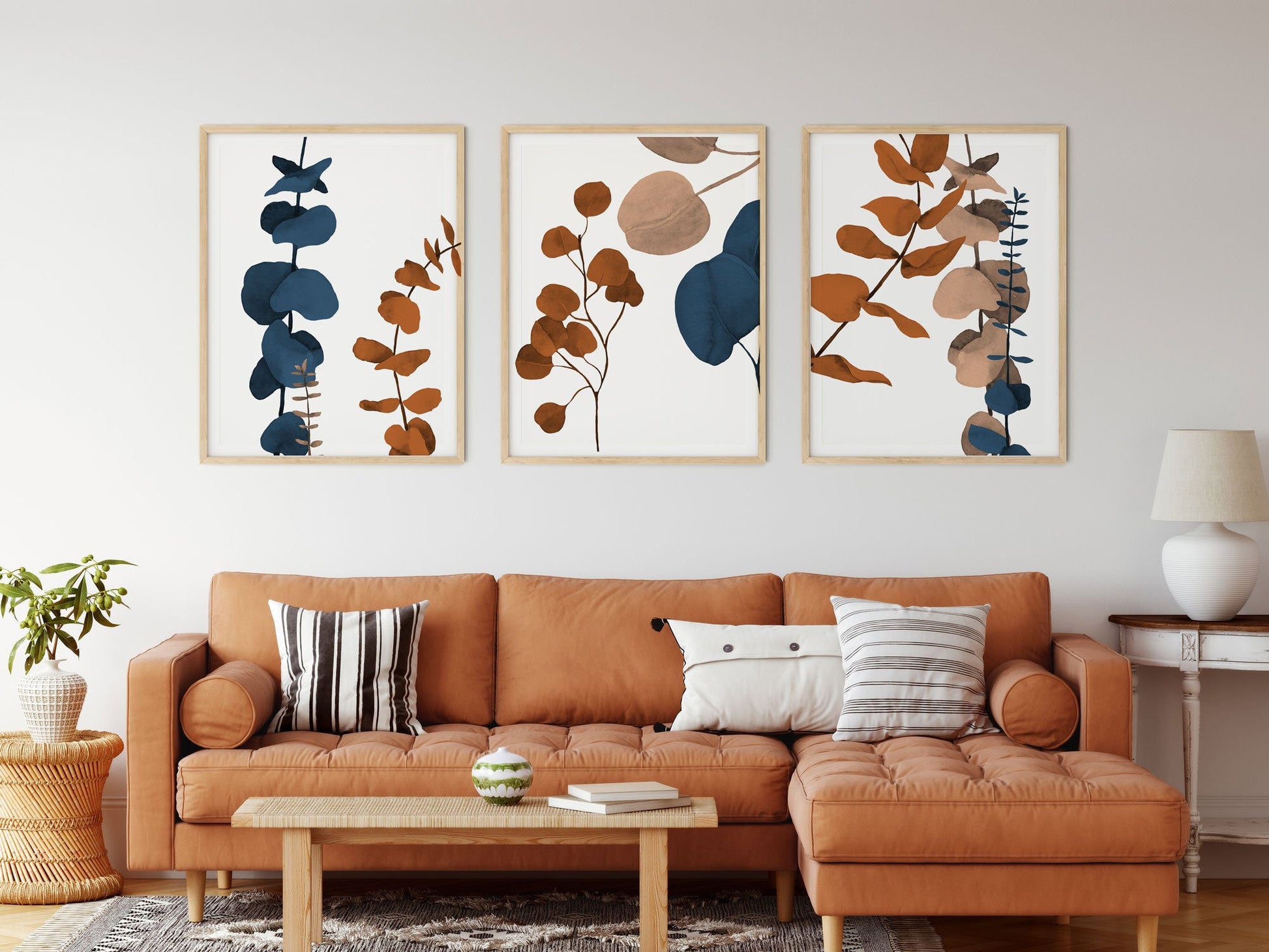 Eucalyptus Leaves - Wall Art Print - Set of 3 - Plant Terracotta Caramel Brown - Wall Prints Boho Decor
