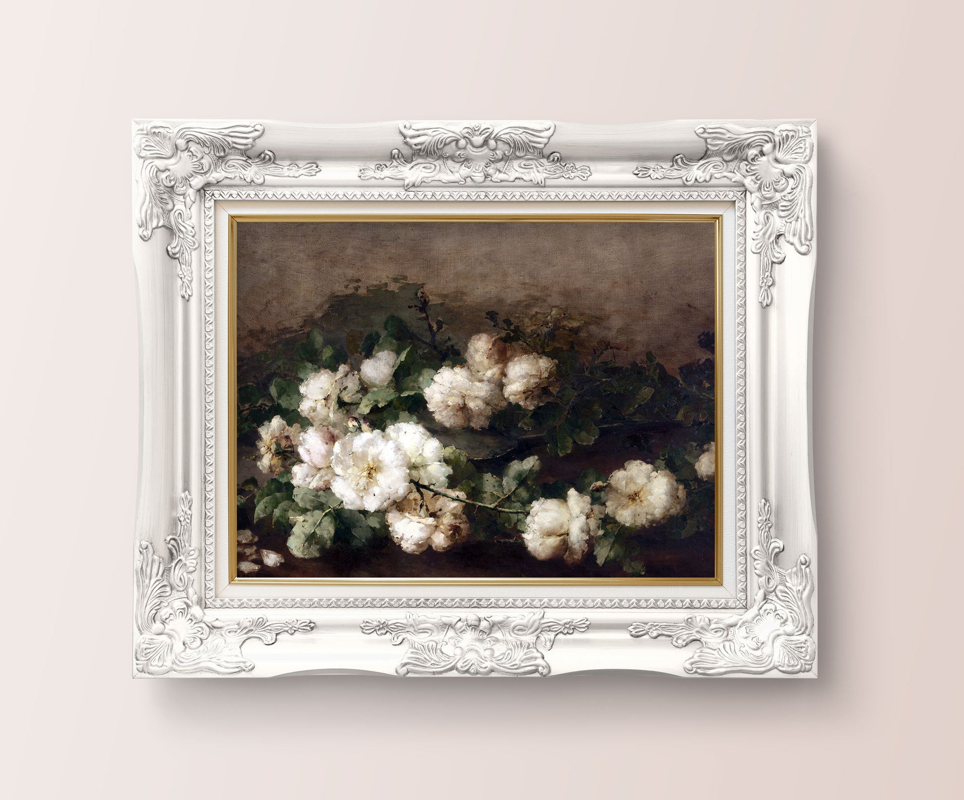 Flowers Art Poster with white and black - Vintage Copy Picture Art - Bedroom Floral decor - Printed and Shipped - Laying White Flowers