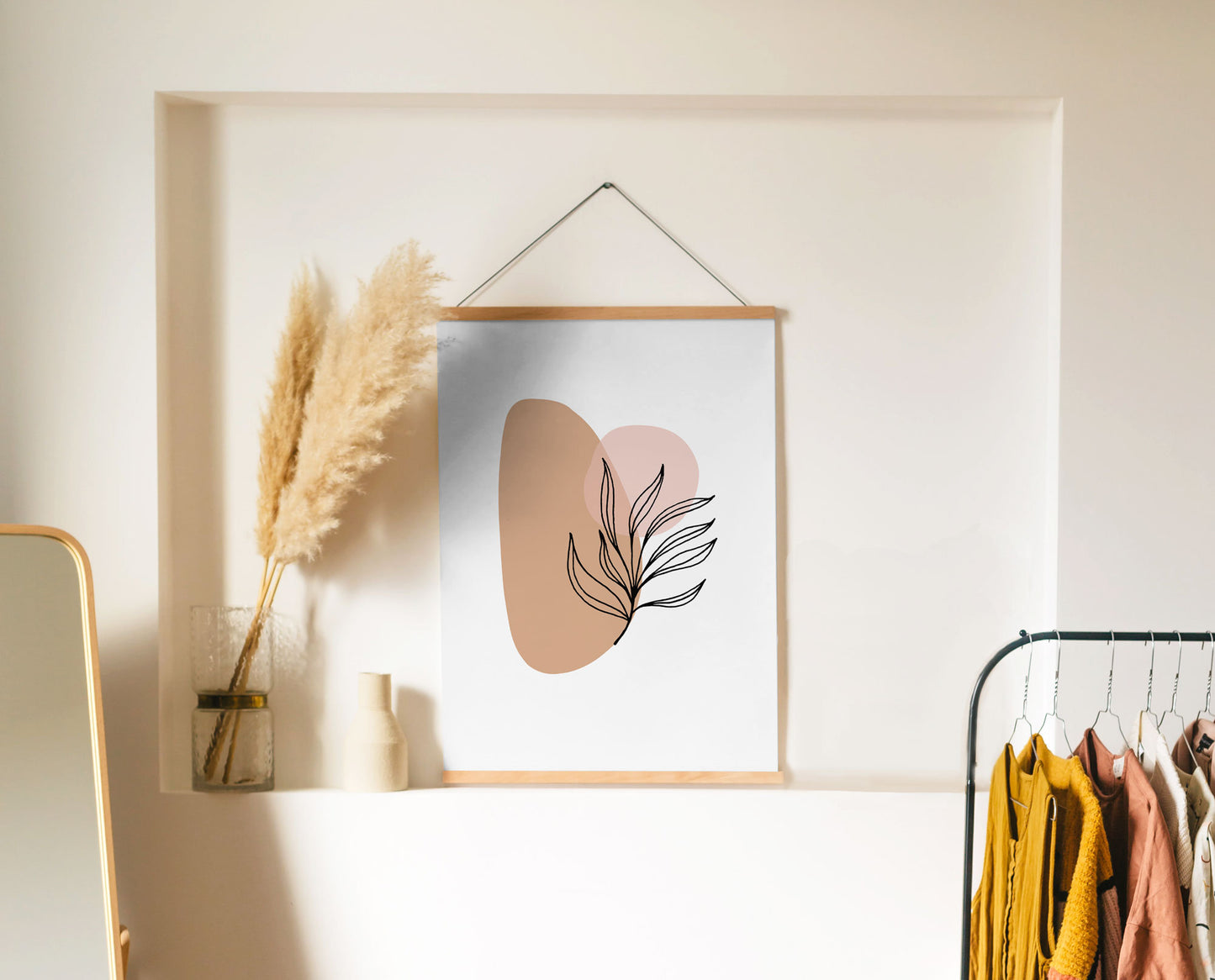 Simplistic Modern Print - Pink and Beige Abstract Leaf Artwork - Earthy Neutral Tones - Bedroom Wall Prints