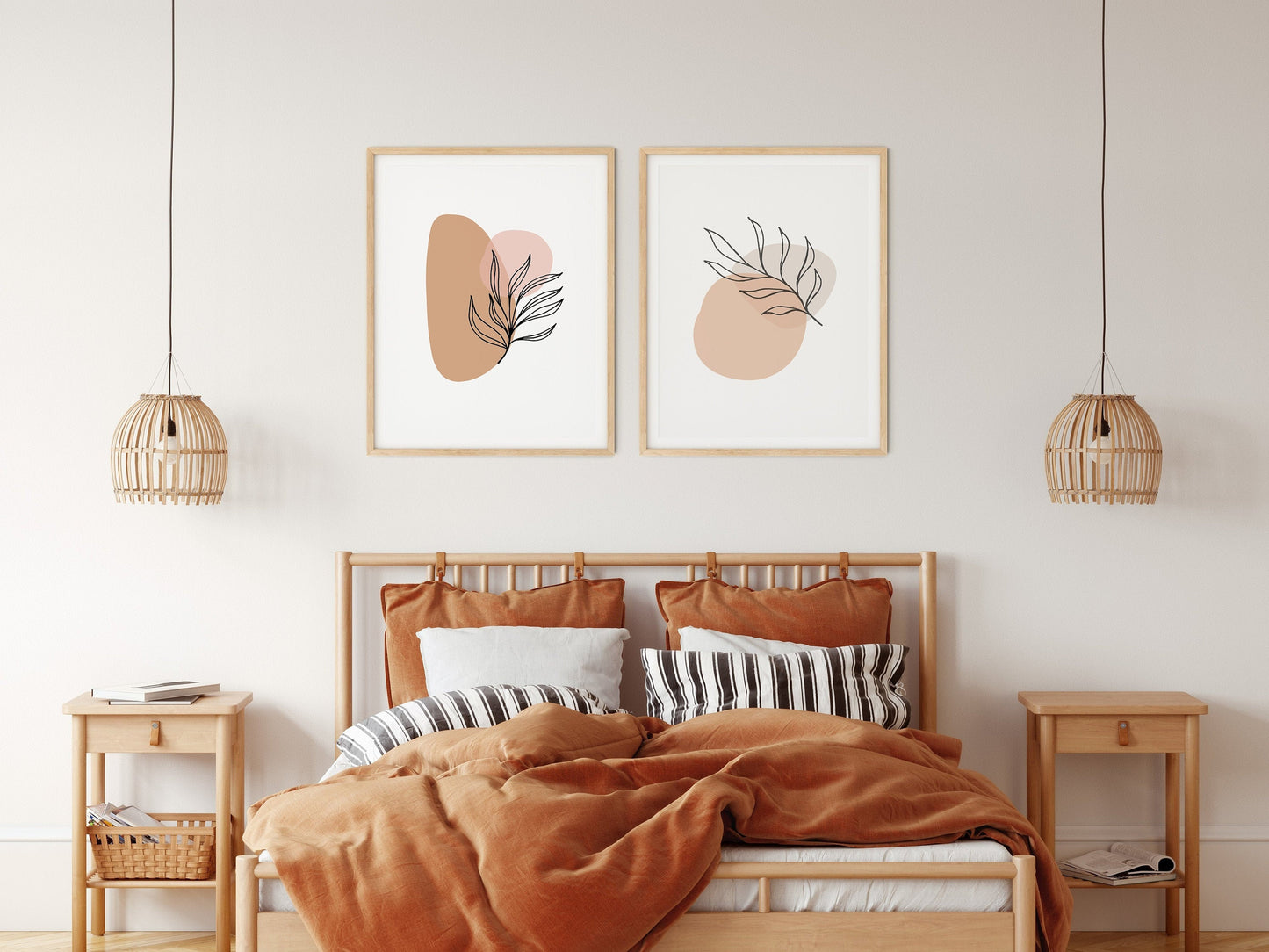 Modern Wall Art - Set of Two Prints - Neutral Pink and Beige Brown Artwork Poster - Minimalist Line Art