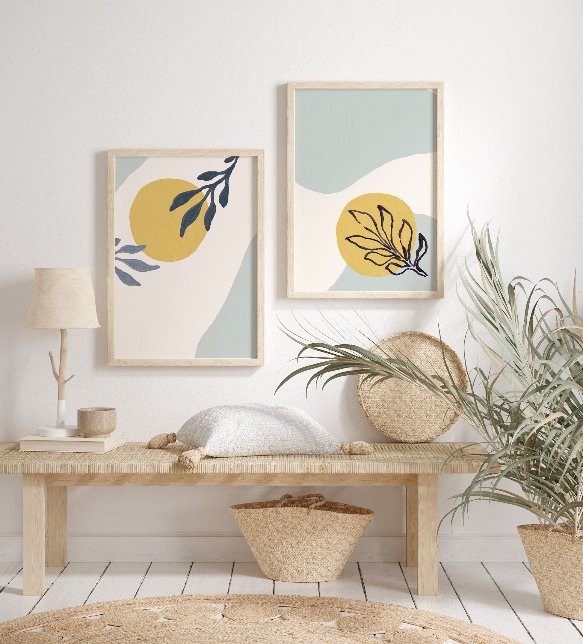 Light blue and Yellow Modern Abstract Wall Print with Shapes and Paint Brushed Leaf - Set of Two