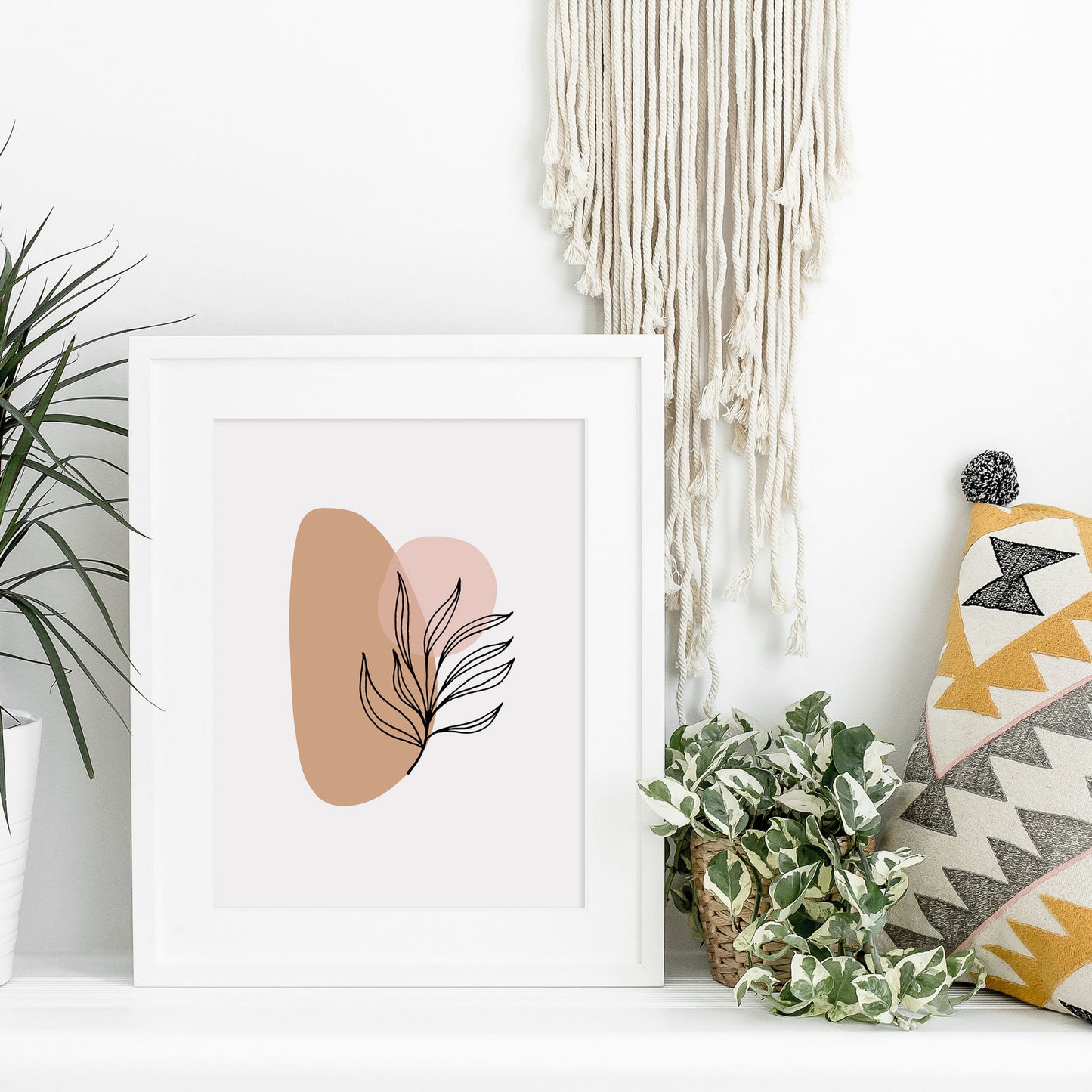 Simplistic Modern Print - Pink and Beige Abstract Leaf Artwork - Earthy Neutral Tones - Bedroom Wall Prints