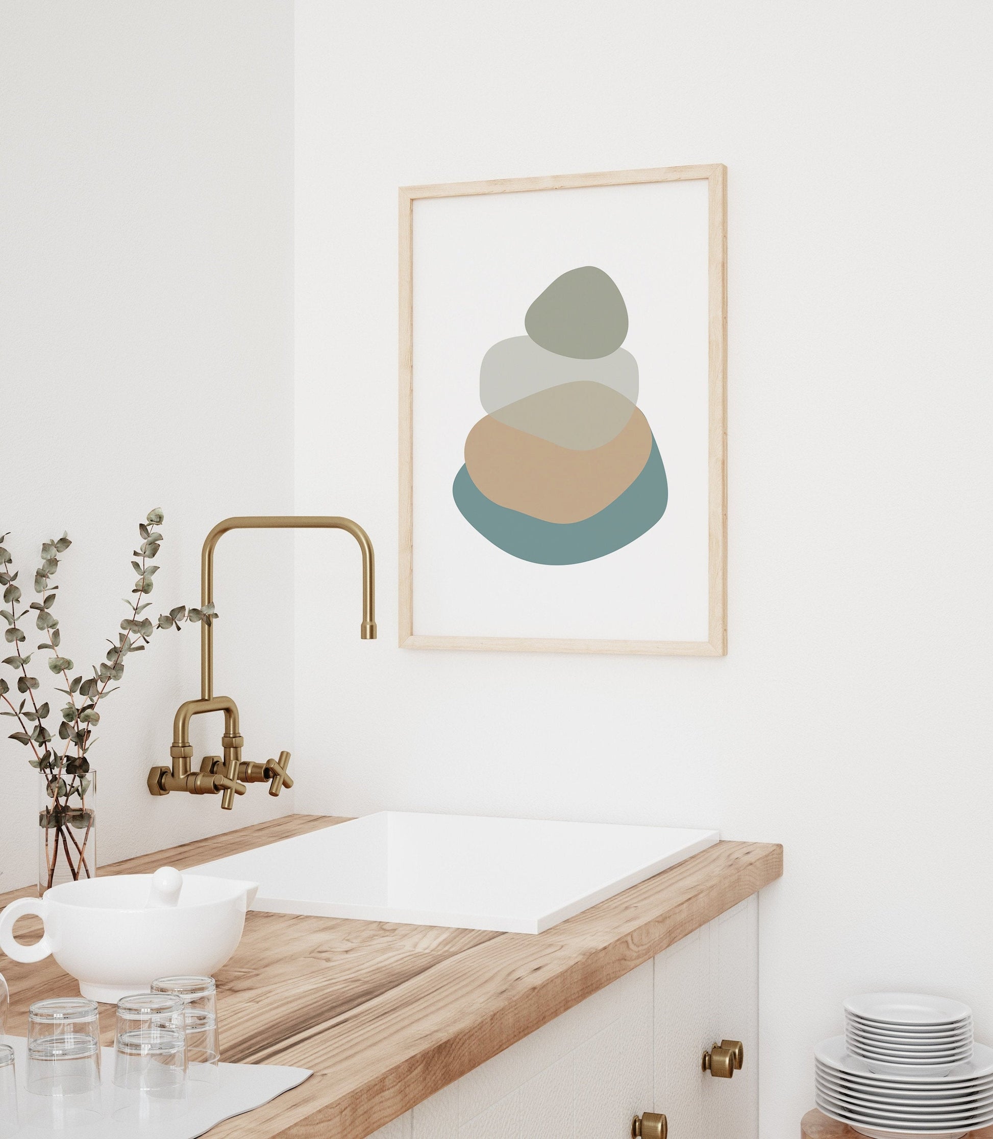 Bathroom Wall Art - Sage Green, Aegean Teal Blue Beige - Abstract Mid-Century Modern Wall Print - Oversized Art - Color Changes available