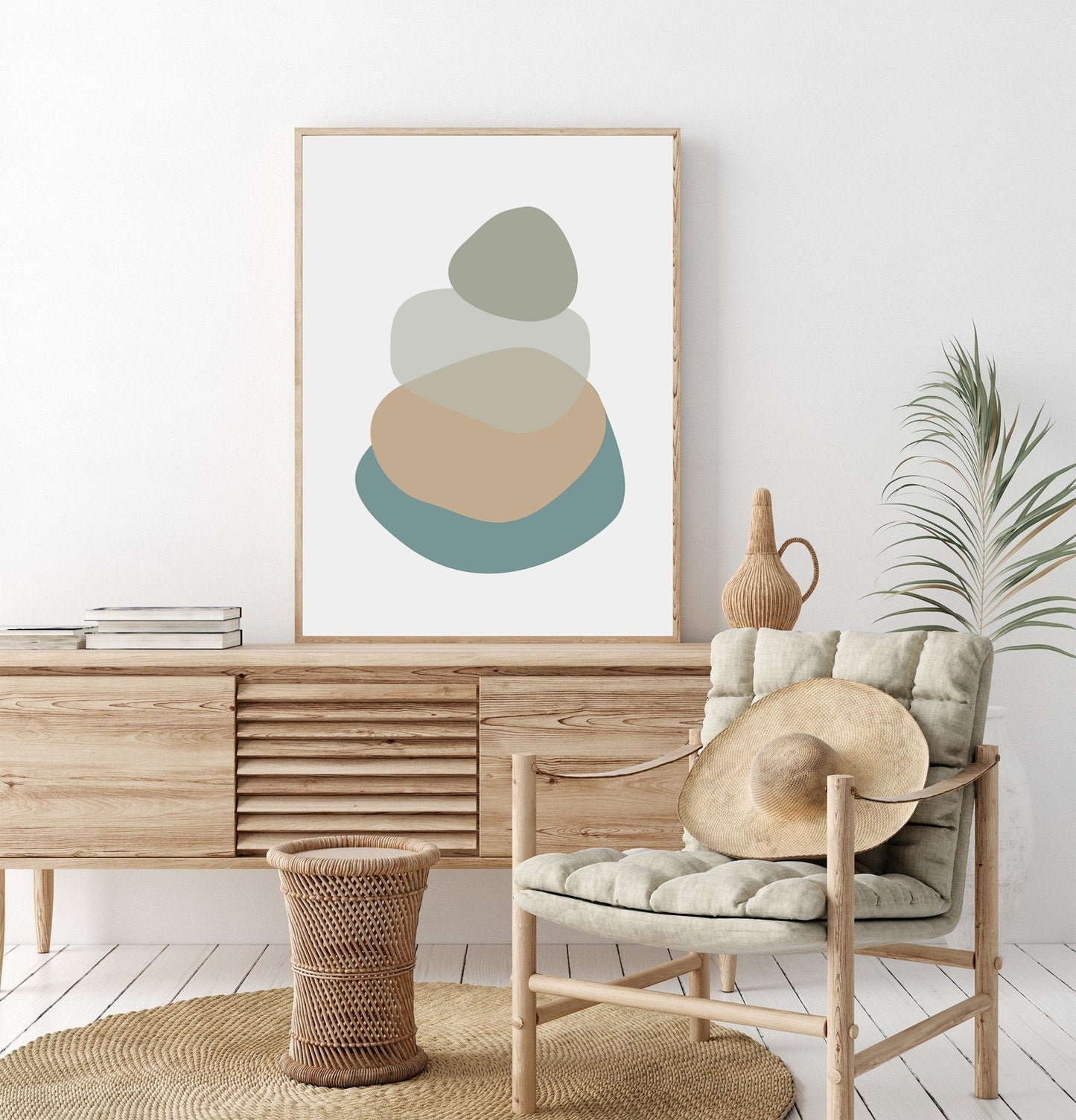 Bathroom Wall Art - Sage Green, Aegean Teal Blue Beige - Abstract Mid-Century Modern Wall Print - Oversized Art - Color Changes available