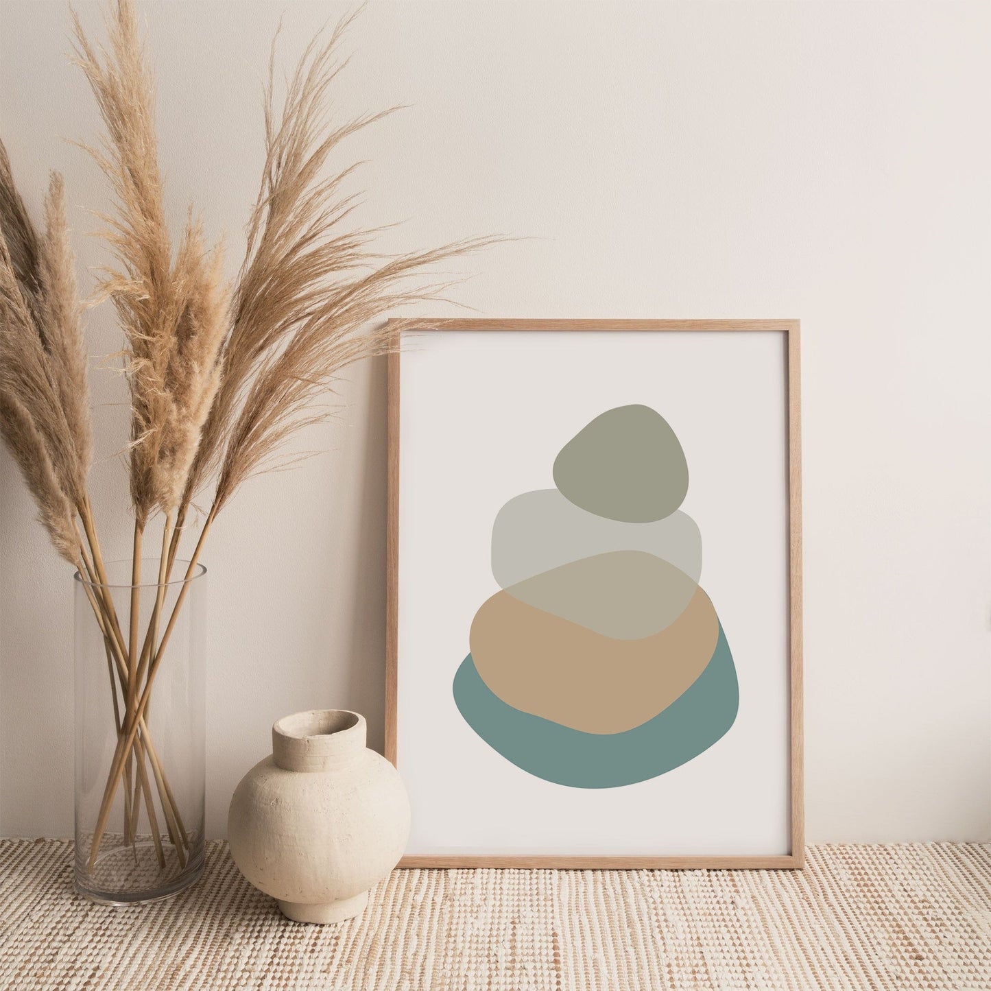 Bathroom Wall Art - Sage Green, Aegean Teal Blue Beige - Abstract Mid-Century Modern Wall Print - Oversized Art - Color Changes available