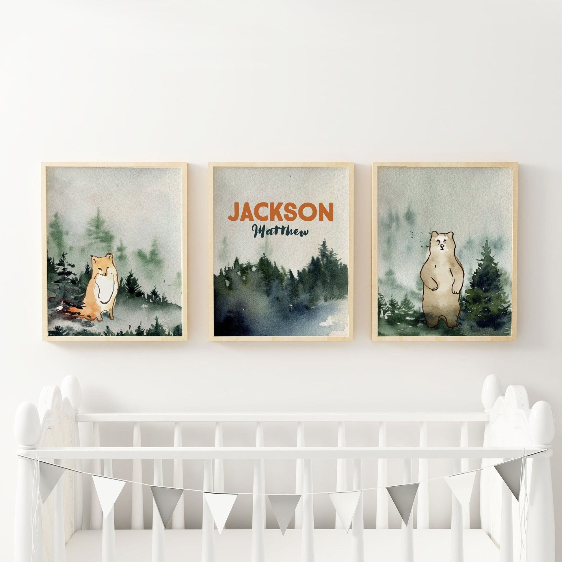 Forest Green Nursery Wall Art Set of three with Name – Wall and Wonder