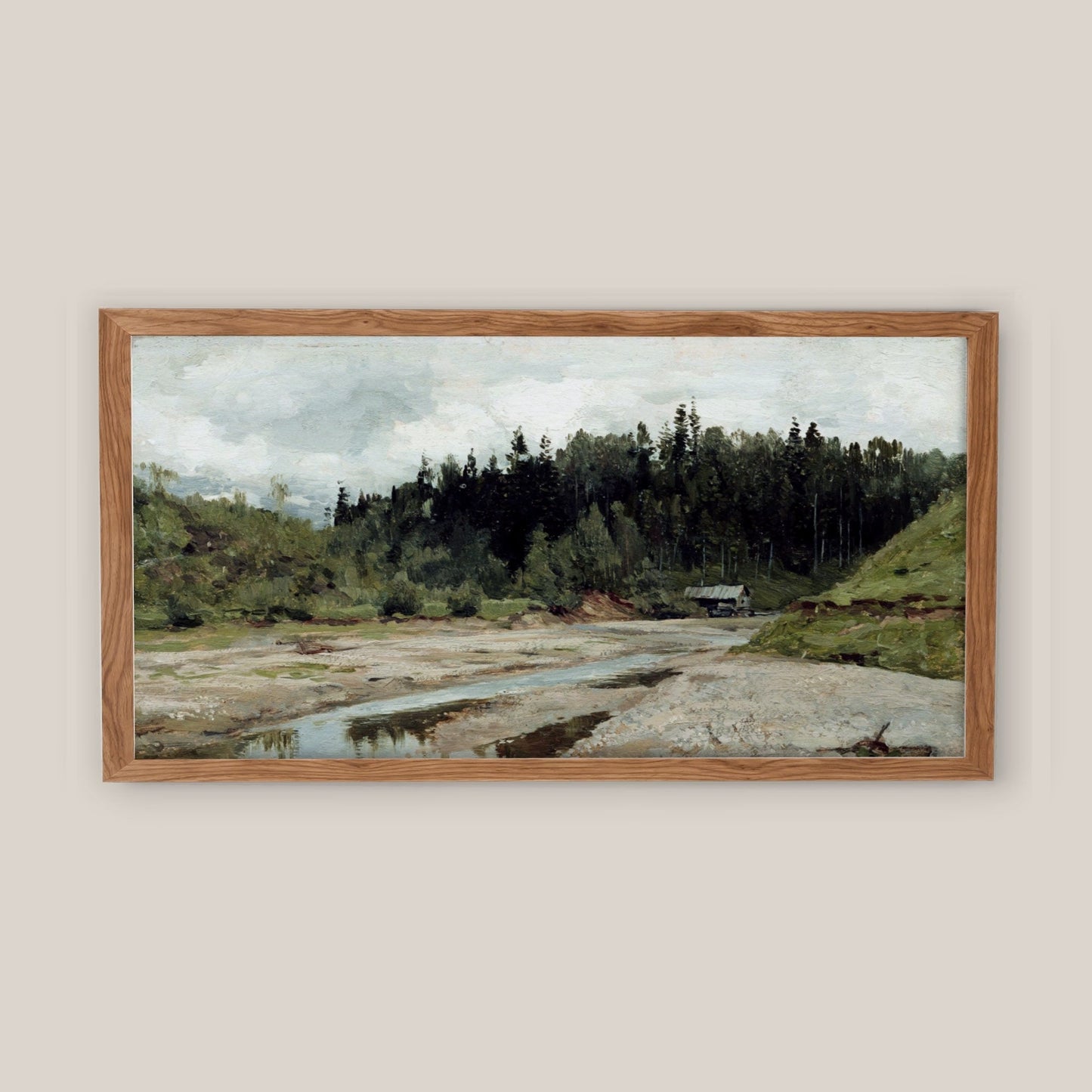 Narrow Horizontal Vintage Countryside Landscape with Stream Wall Art Print 
