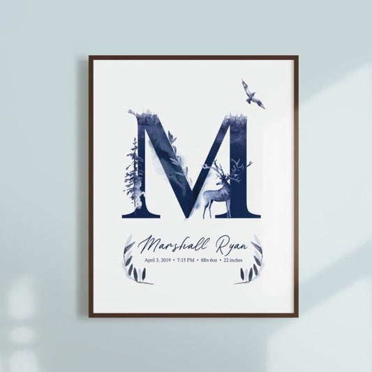 Woodlands Custom Name Wall Art with Birth Stat Details