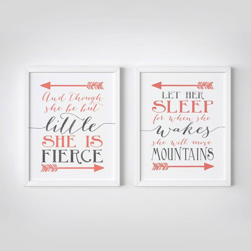 Wall and Wonder Wall Prints And though she be but little - Let her sleep - Coral and Gray Nursery Print  - Set of 2