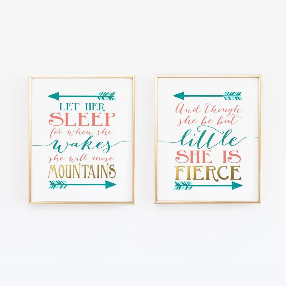 Wall and Wonder Wall Prints And though she be but little - Let her sleep Nursery Prints - Teal Coral