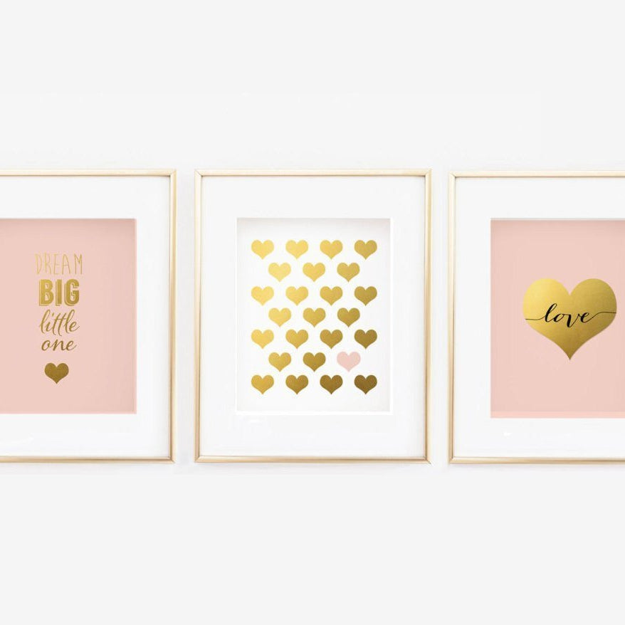 Wall and Wonder Wall Prints Blush Nursery Gallery Wall Set of 3 (Dream Big/Hearts/Love)