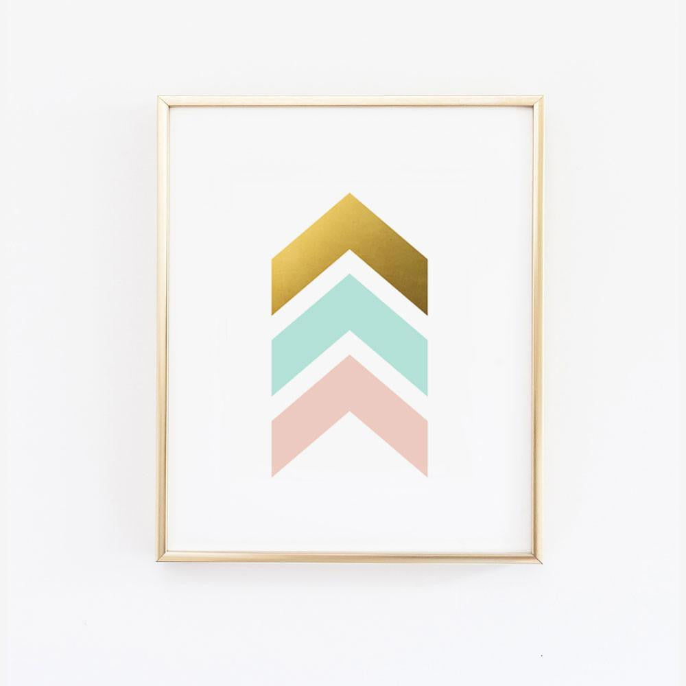 Wall and Wonder Wall Prints Chevron Arrows Print - Pink Mint and Gold Wall Print