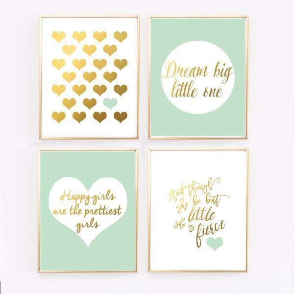 Wall and Wonder Wall Prints Mint and Gold Nursery Prints - Set of 4