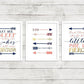 Wall and Wonder Wall Prints Navy and Coral nursery wall prints with Shakespeare/Bonaparte quotes and Arrows