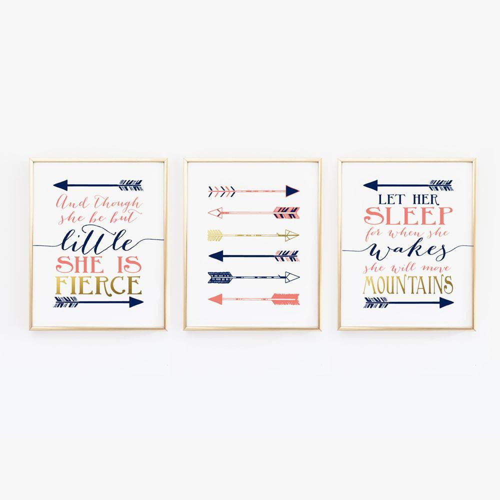 Wall and Wonder Wall Prints Navy and Coral nursery wall prints with Shakespeare/Bonaparte quotes and Arrows