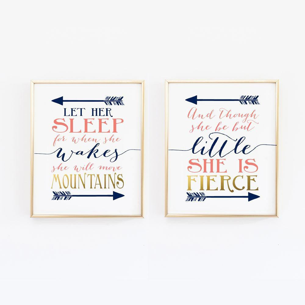 Wall and Wonder Wall Prints Navy Coral Nursery Print Set - And though she be but little/Let her sleep