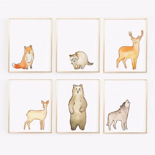 Wall and Wonder Wall Prints Woodland Watervolor Animal Prints - Set of 6 Nursery Prints